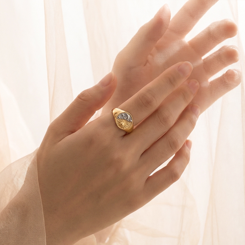 Elegant Golden-Silvery Sun Moon Starburst Open Ring